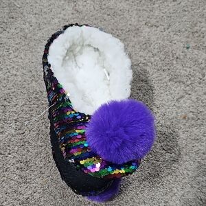 Multicolor Sequin Women's Slippers with Purple Pom-Pom